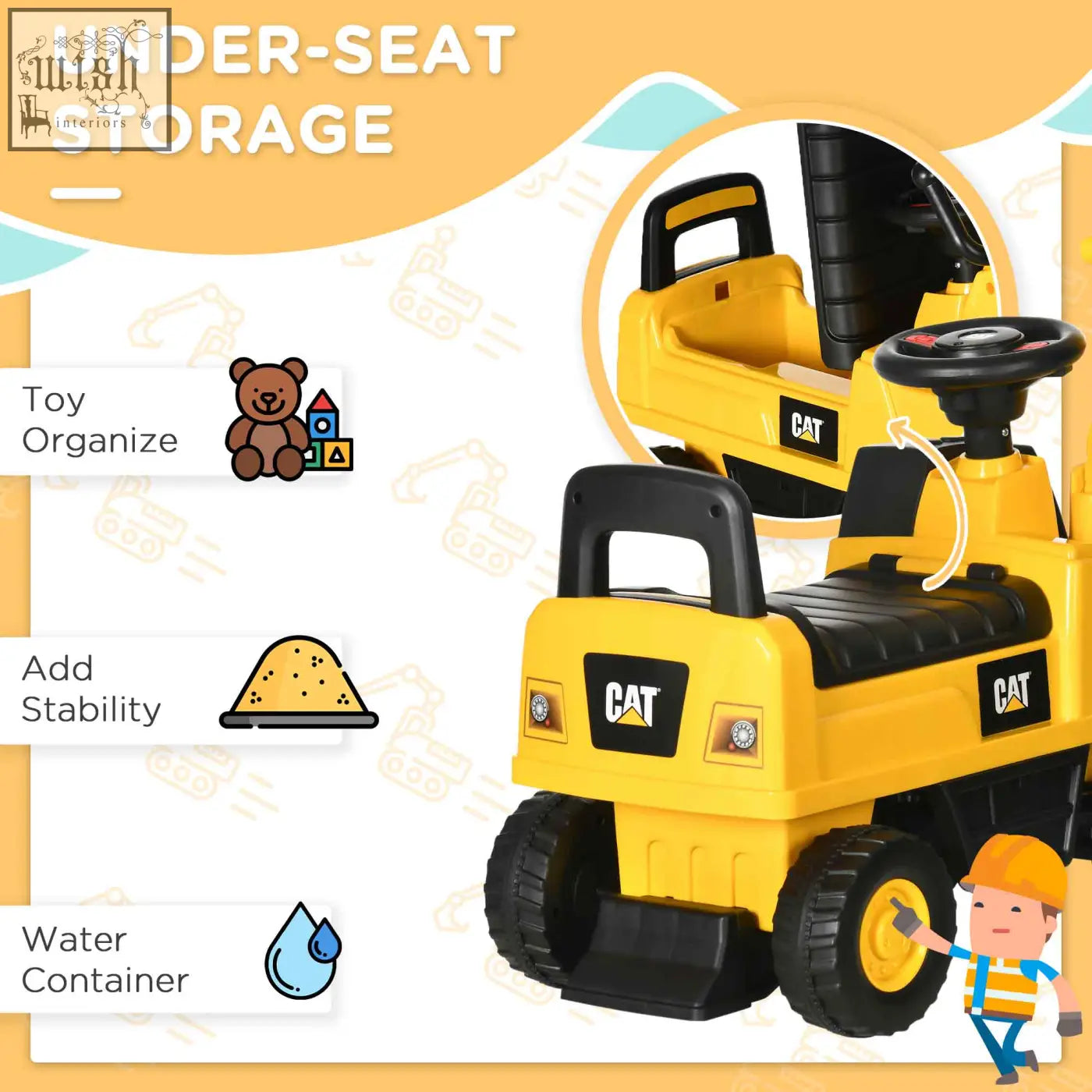 Yellow and black cat licensed construction kids ride on digger with under seat storage and manual shovel for toddlers