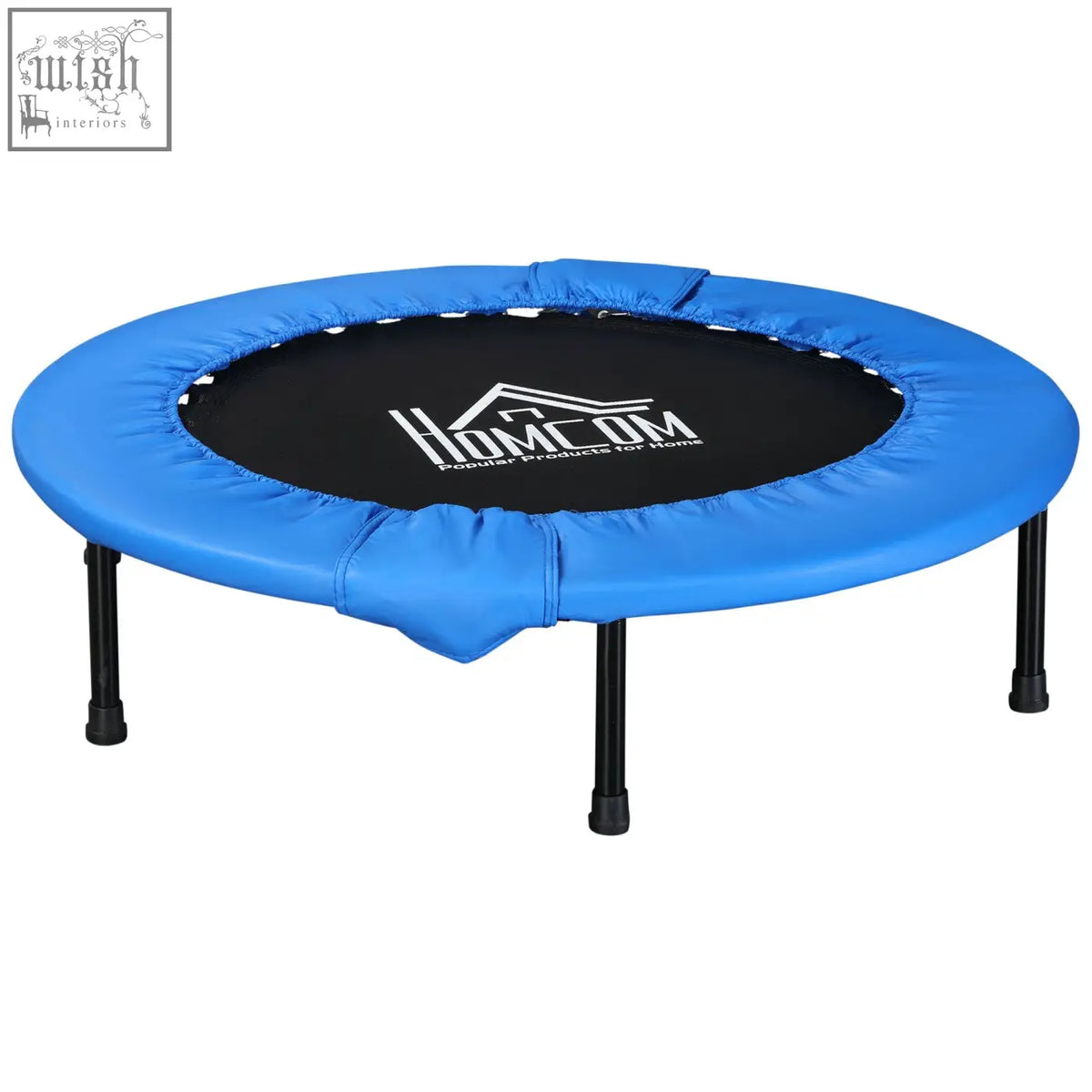 Blue homcom mini fitness trampoline with solid metal frame black safety pad and four sturdy legs for indoor use