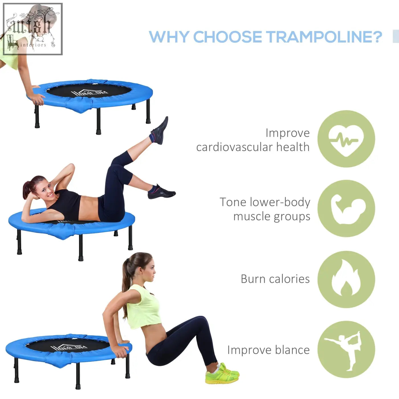 Blue and black homcom mini fitness trampoline with solid metal frame and safety pad for indoor outdoor use