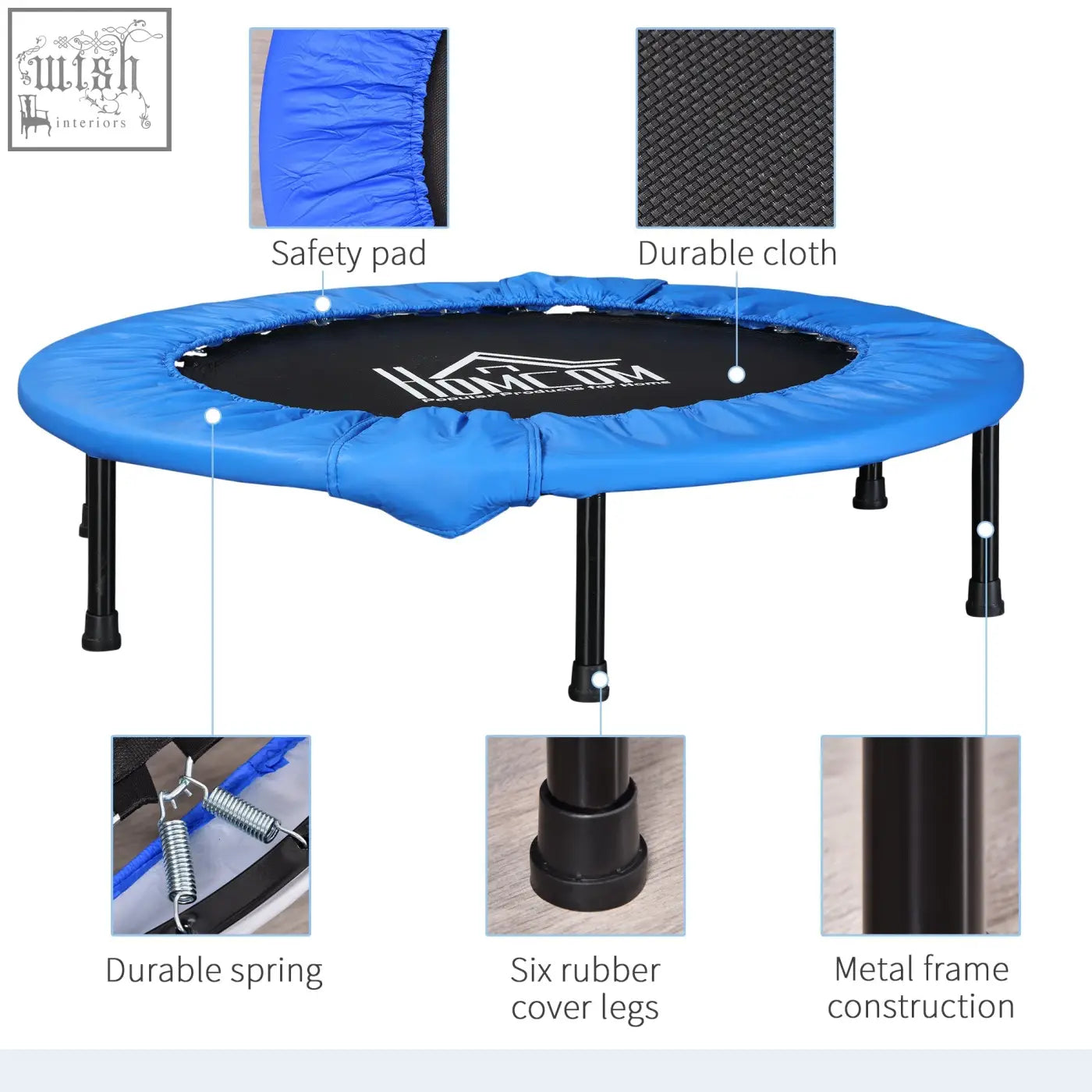 Blue hometeam mini fitness trampoline with solid metal frame black safety pad and durable cloth for indoor outdoor use