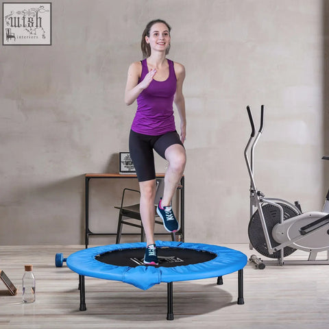 Blue and black mini fitness trampoline with solid metal frame and safety pad for indoor and outdoor exercise