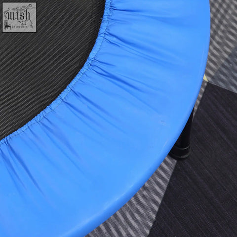Blue and black mini fitness trampoline with solid metal frame featuring a blue padded edge and black mesh interior
