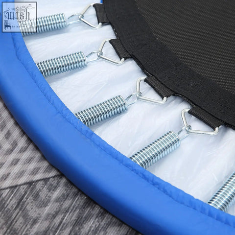 Blue mini fitness trampoline with solid metal frame silver springs black safety netting and padded cover for home gym