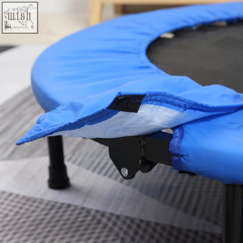 Blue padded mini fitness trampoline with solid metal frame and adjustable legs for indoor and outdoor use