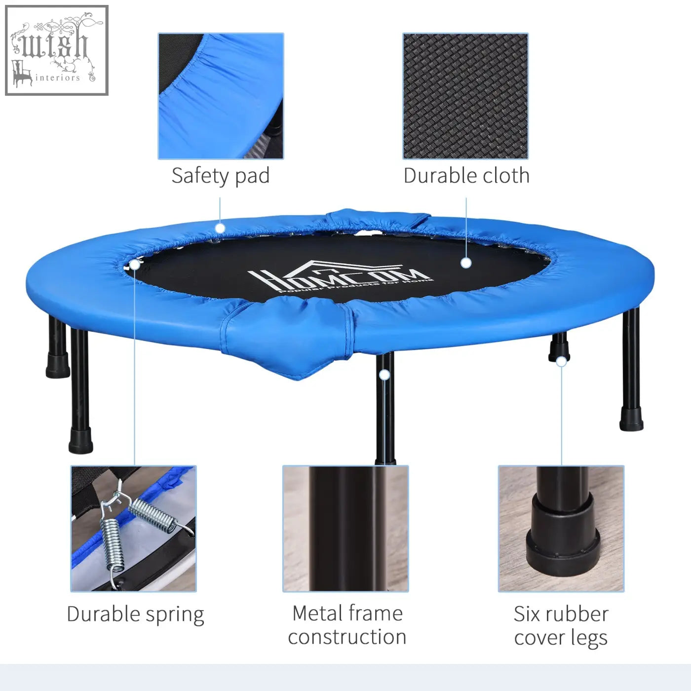 Blue and black HOMCOM mini fitness trampoline with solid metal frame, safety pad, and rubber cover legs for indoor use