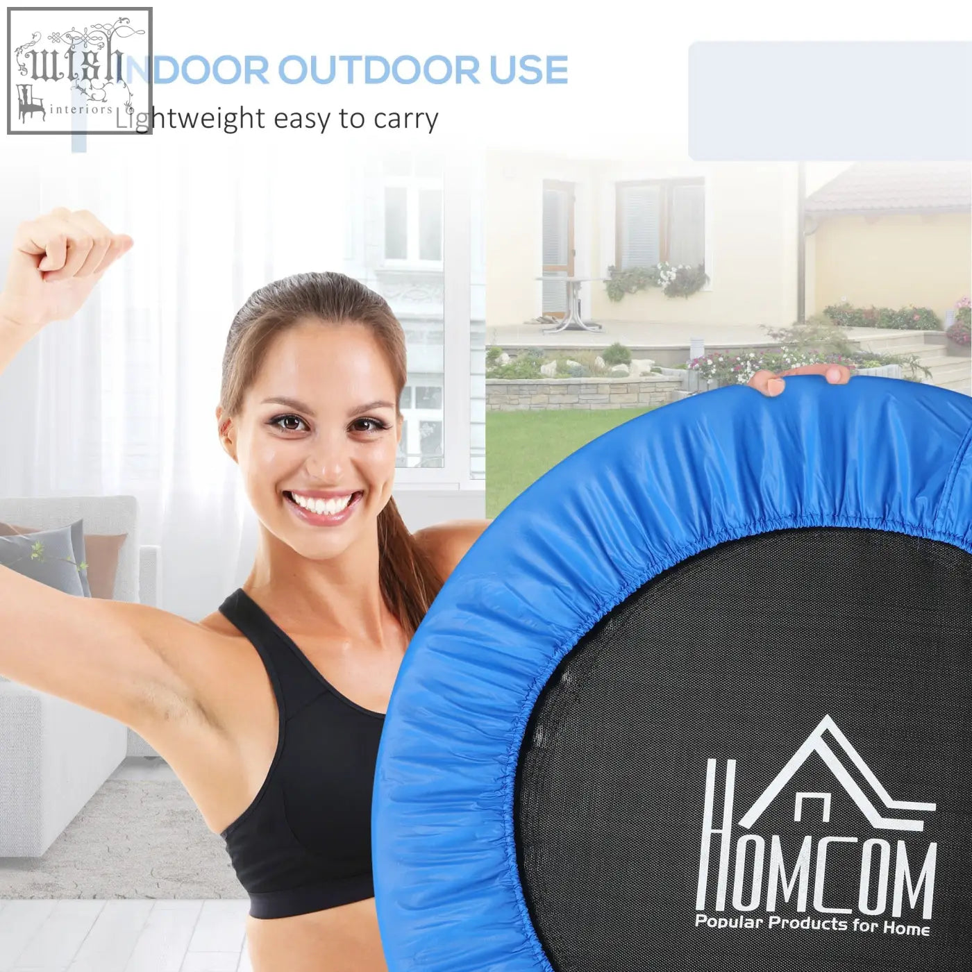 Blue and black homcom mini fitness trampoline with solid metal frame and safety pad for indoor outdoor use