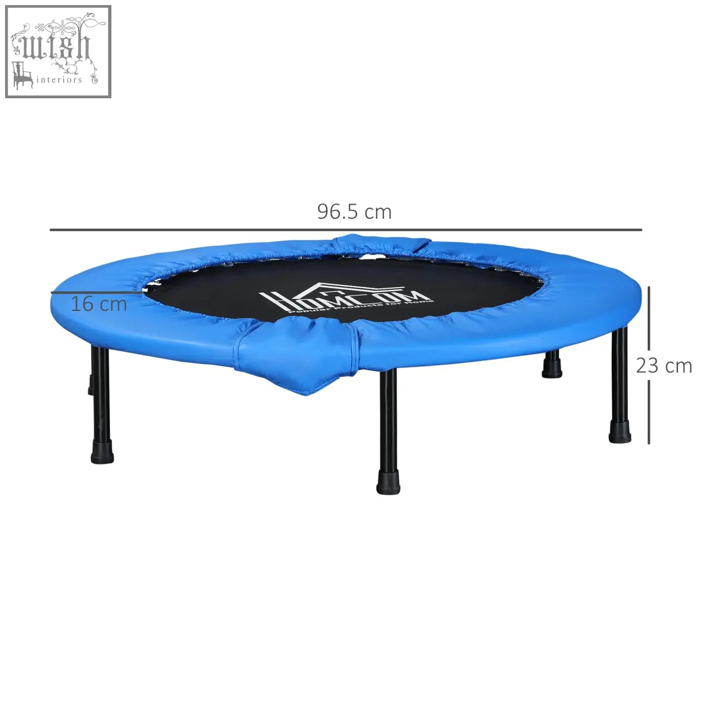 Blue homcom mini fitness trampoline with solid metal frame black legs and safety pad for indoor outdoor use