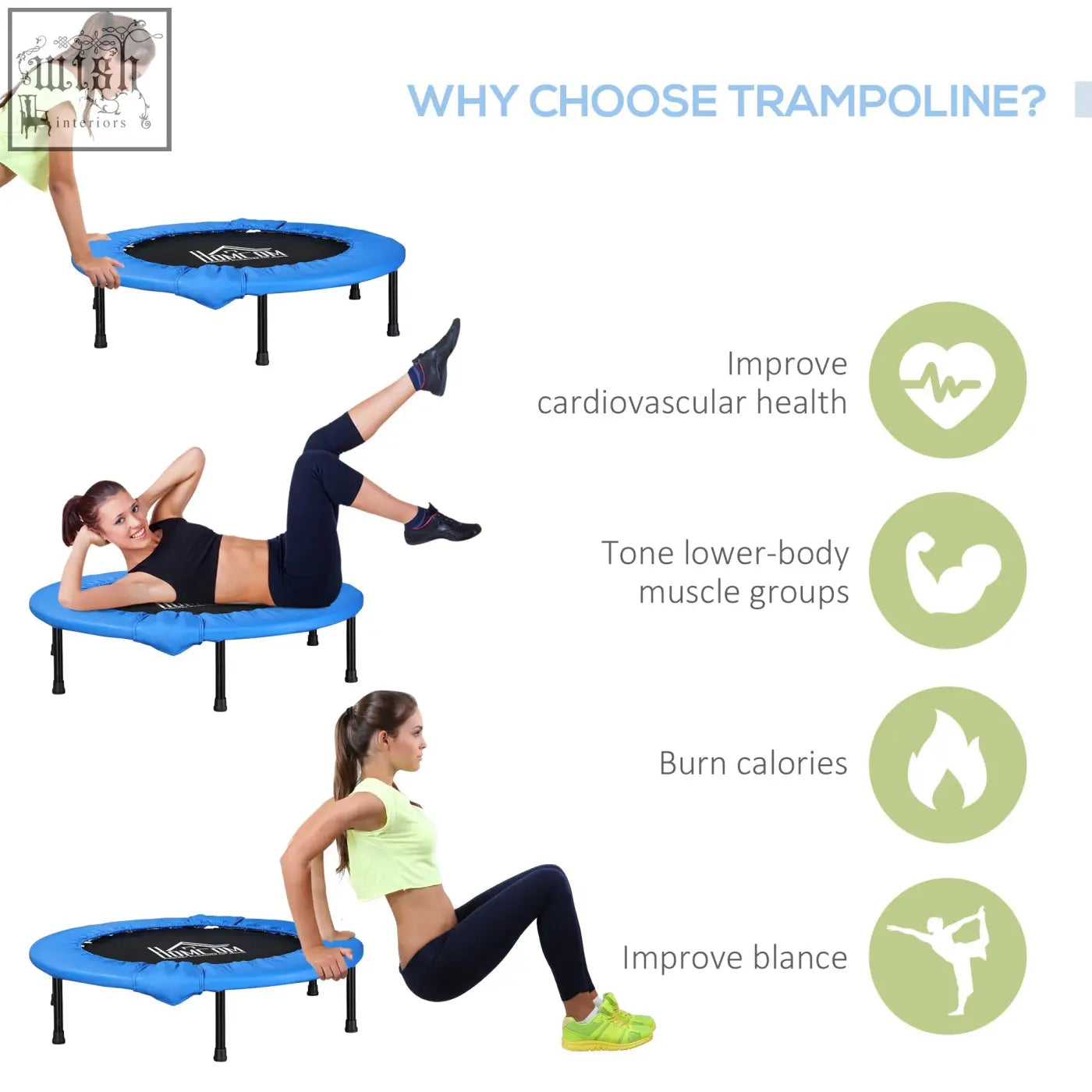 Blue and black homcom mini fitness trampoline with solid metal frame and safety pad for indoor outdoor use