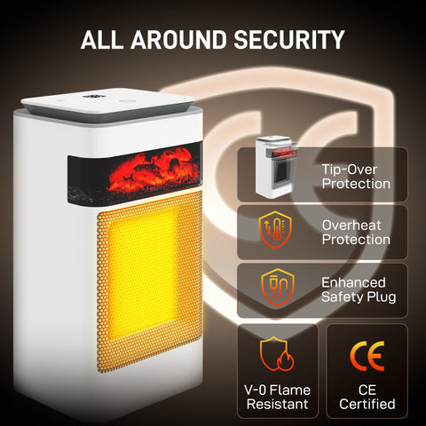 White and gray homcom ceramic electric heater with glowing honeycomb flame effect and built-in overheat protection