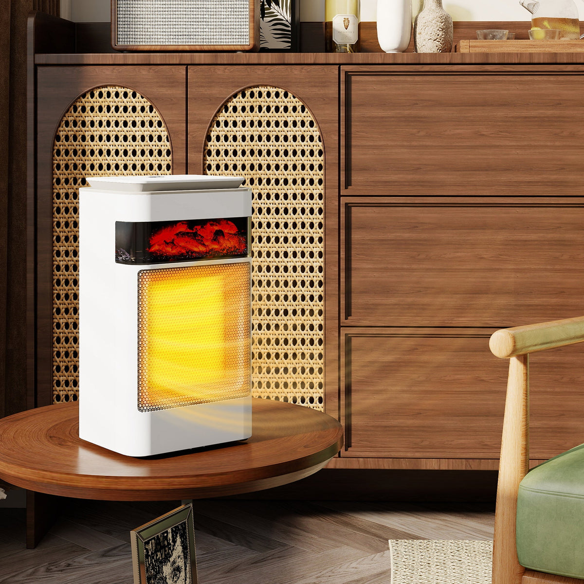 White homcom ceramic electric heater with glowing flame effect yellow diffuser and built-in overheat protection