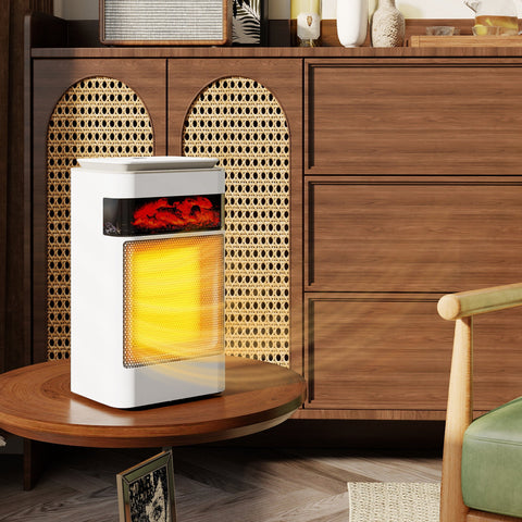 White homcom ceramic electric heater with glowing flame effect yellow diffuser and built-in overheat protection