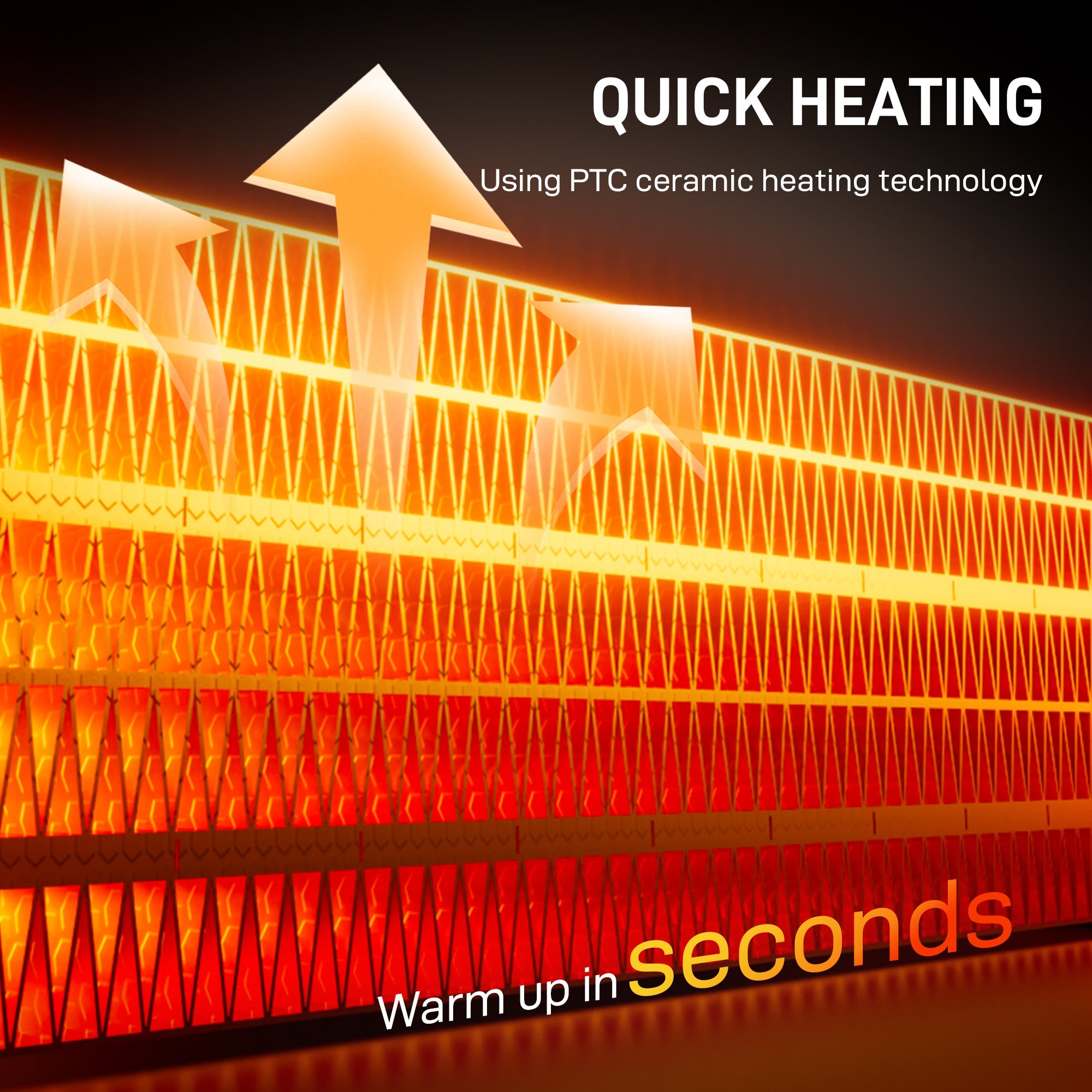 A glowing orange and red ptc ceramic electric heater panel with flame effect and built-in overheat protection in white