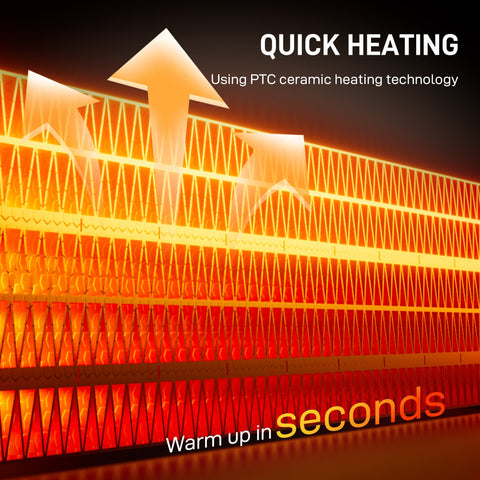 A glowing orange and red ptc ceramic electric heater panel with flame effect and built-in overheat protection in white