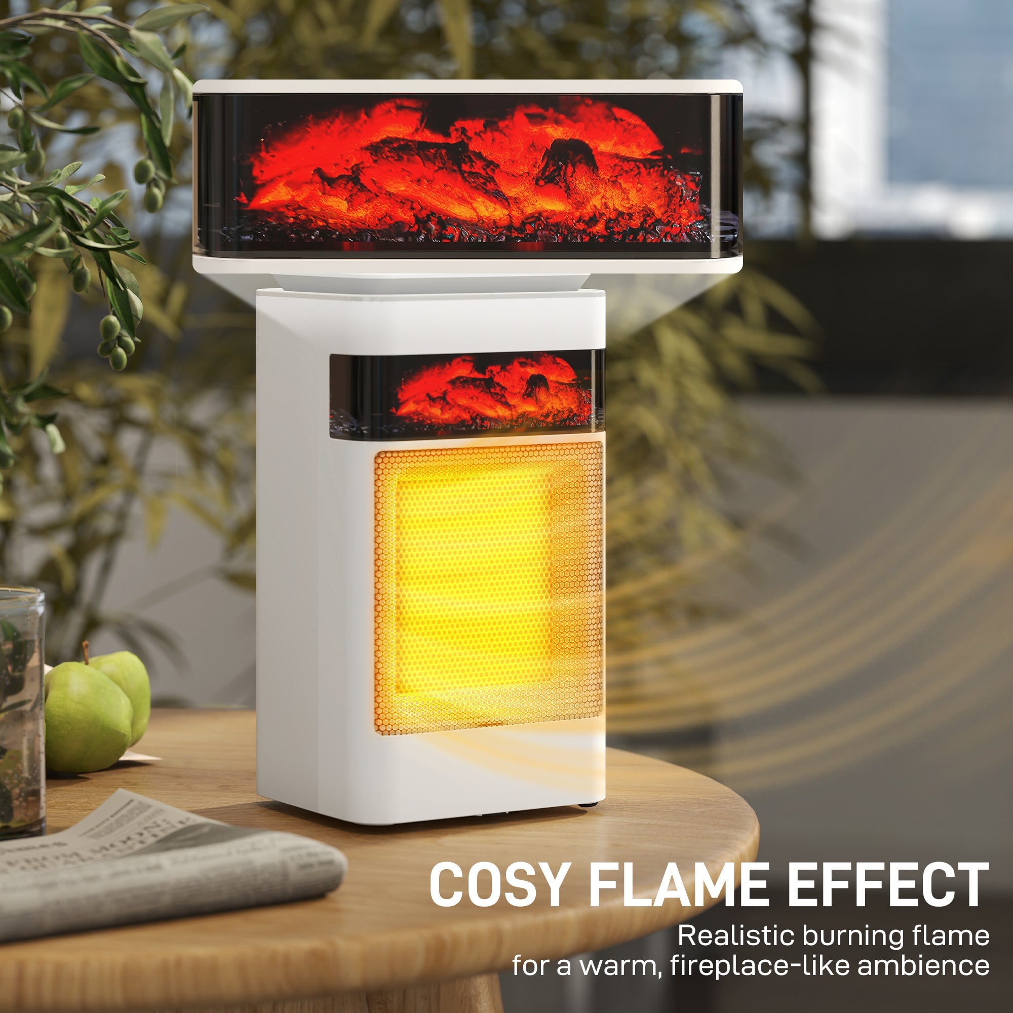 White homcom ceramic electric heater with glowing flame effect and built-in overheat protection for cozy rooms