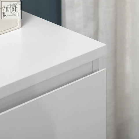 White glossy three drawers nightstand made of particle board with a modern minimalist design storage organiser unit