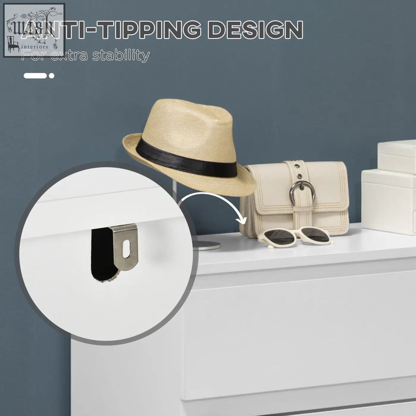 A sleek metallic anti-tipping hook with black rubber backing for secure attachment on white homcom particle board three drawers storage organiser unit