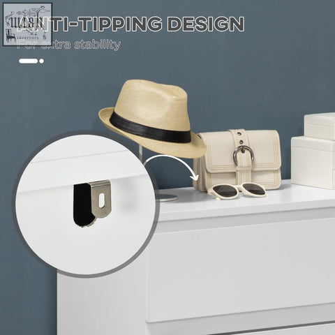 A sleek metallic anti-tipping hook with black rubber backing for secure attachment on white homcom particle board three drawers storage organiser unit