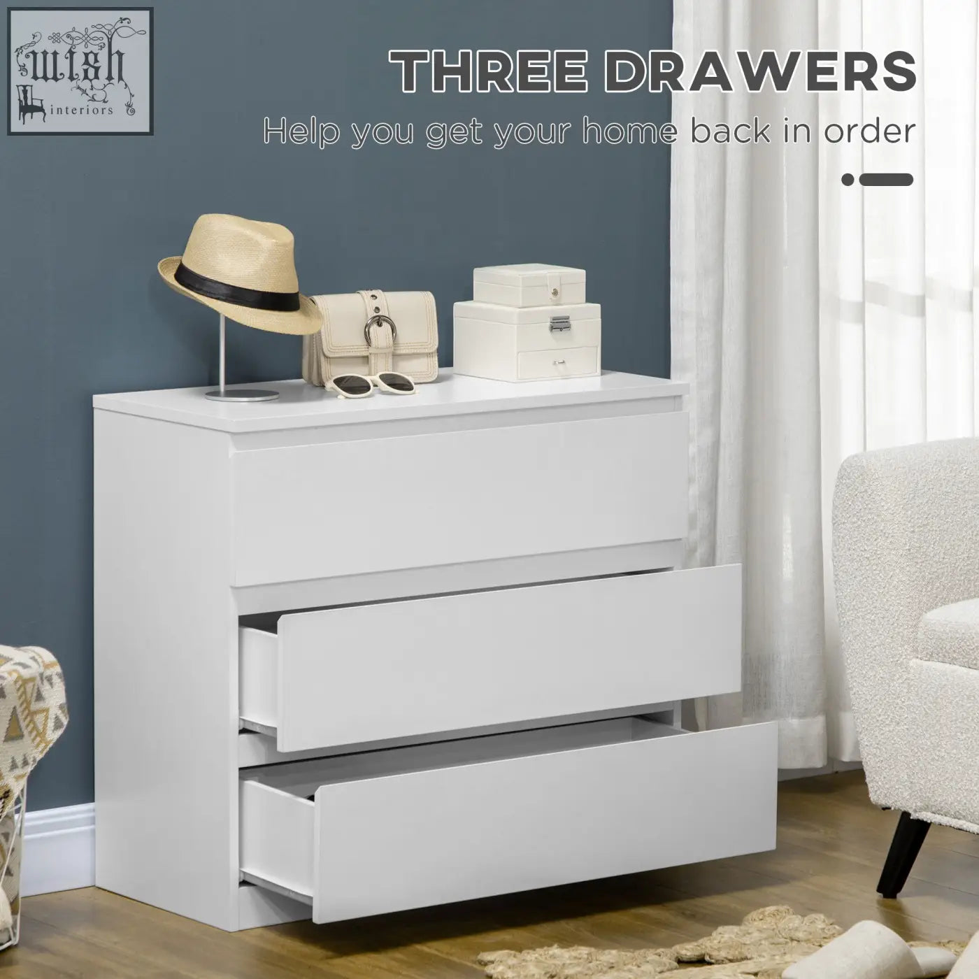 White HOMCOM chest of drawers with three drawers made of particle board sleek storage organiser unit for bedroom or living room