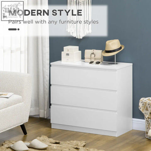 White homcom chest of drawers with three drawers made of particle board storage organiser unit for bedroom or living room