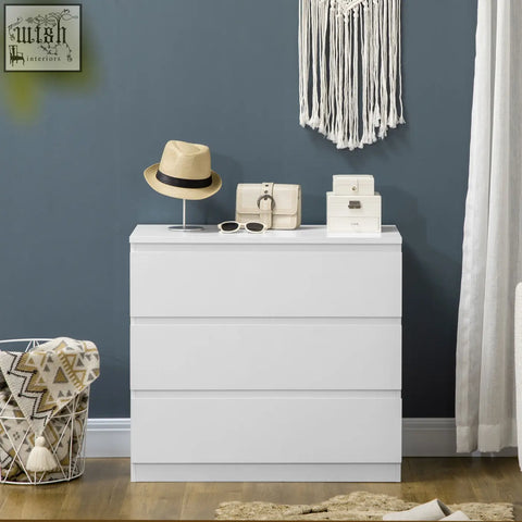 White homcom chest of drawers with three drawers made of particle board perfect as a storage organiser unit