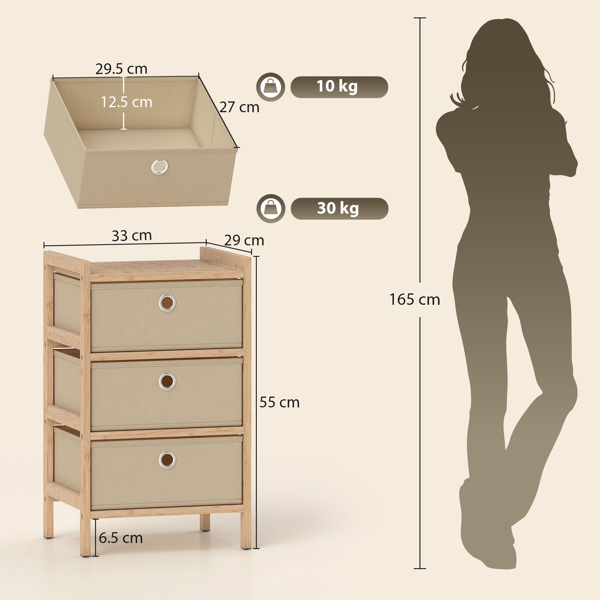 Beige homcom chest of drawers with three fabric drawers and bamboo frame for narrow storage and organization