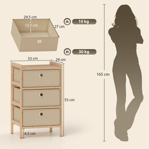 Beige homcom chest of drawers with three fabric drawers and bamboo frame for narrow storage and organization