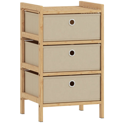 Homcom chest of drawers with three beige fabric drawers and circular handles in a light bamboo frame cream white