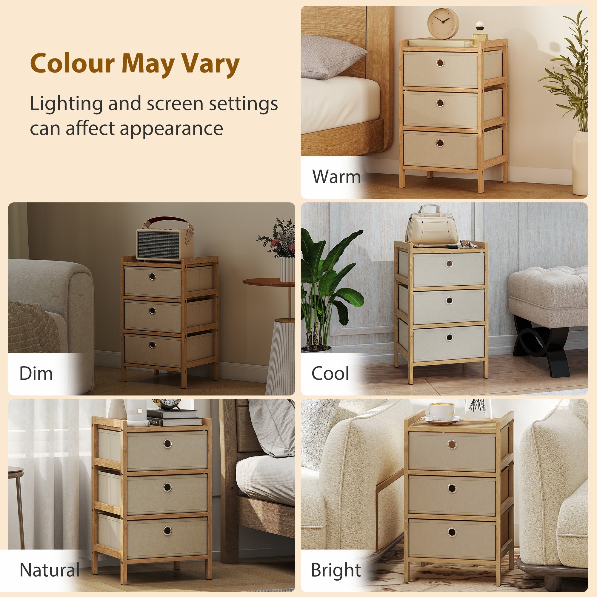 Homcom lightweight chest of drawers with three fabric drawers beige fabric and bamboo frame cream white finish