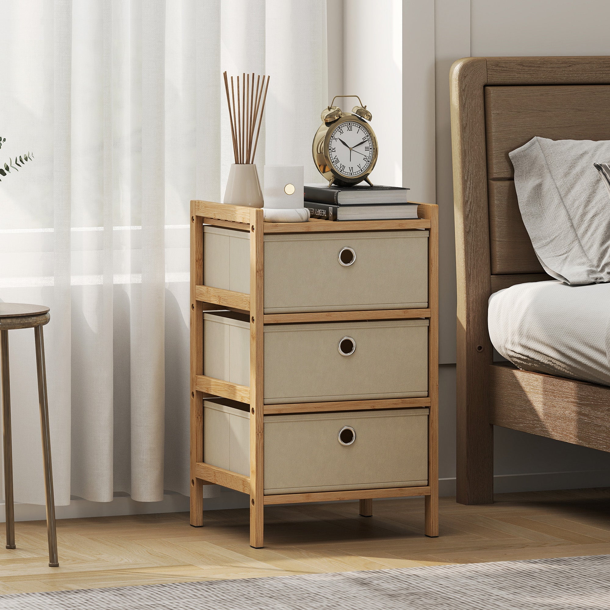 Homcom chest of drawers with three fabric drawers in light beige and a slender bamboo frame with round wooden handles