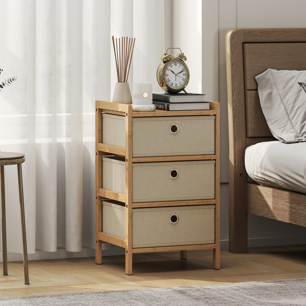 Homcom chest of drawers with three fabric drawers in light beige and a slender bamboo frame with round wooden handles