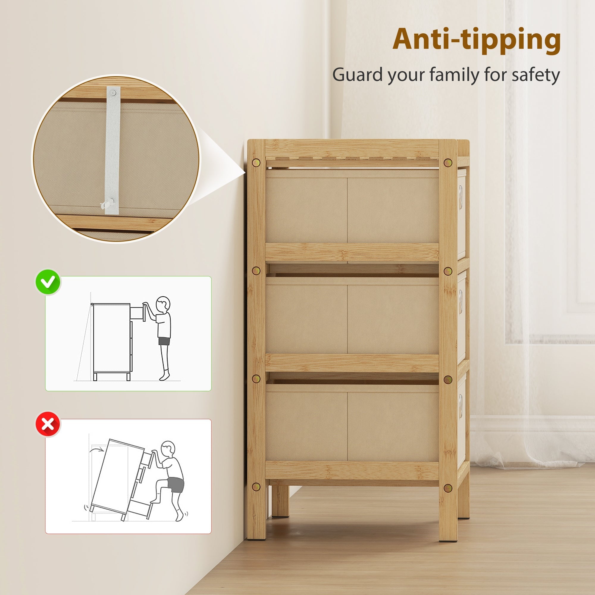 Homcom chest of drawers with three fabric drawers and bamboo frame in cream white light wood finish
