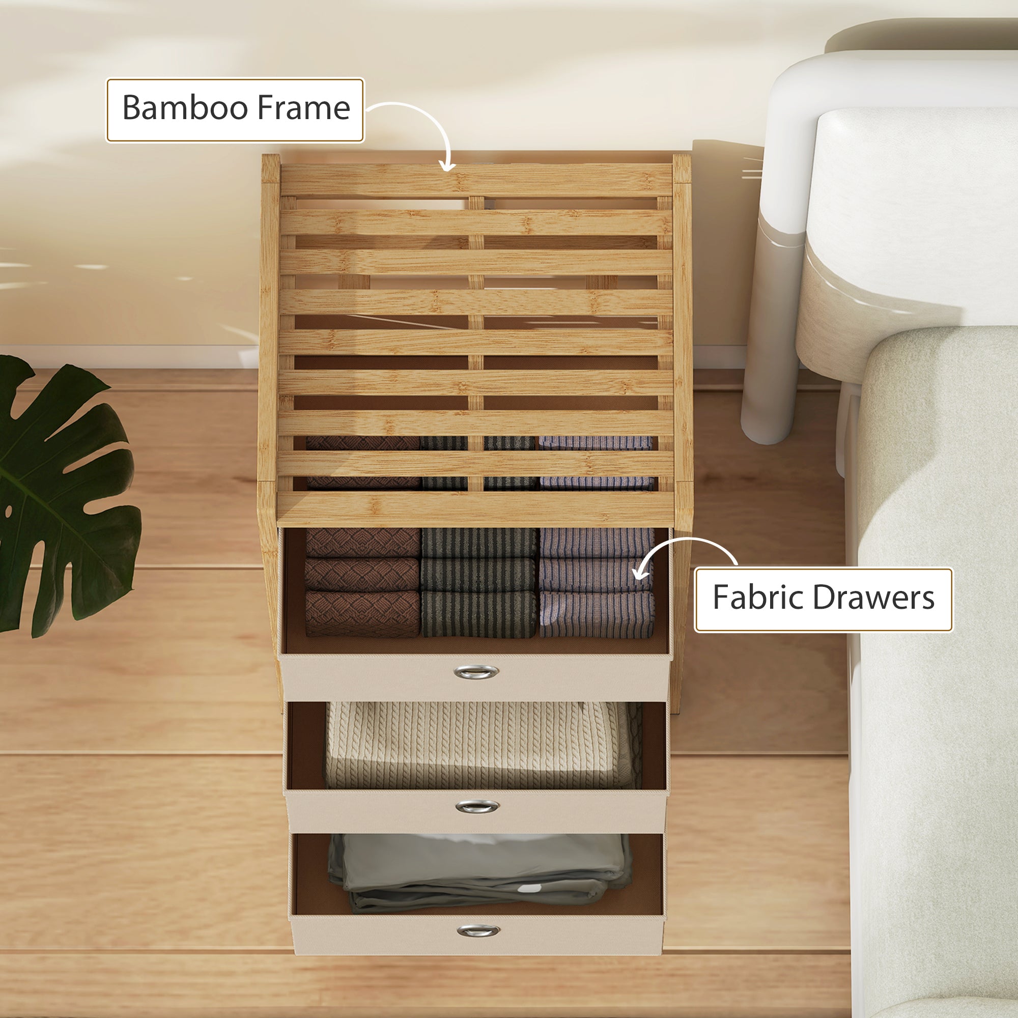 Homcom chest of drawers with bamboo frame and three fabric drawers in cream white for narrow storage
