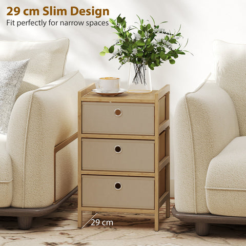 HOMCOM chest of drawers with three beige fabric drawers and bamboo frame cream white narrow dresser