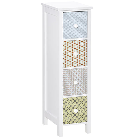 White wooden homcom chest of drawers with four patterned drawers and anti-tipping straps for bedroom or bathroom storage
