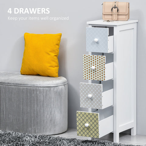 White tall dresser with four patterned drawers in blue beige green tones with anti-tipping straps for bedroom or bathroom storage