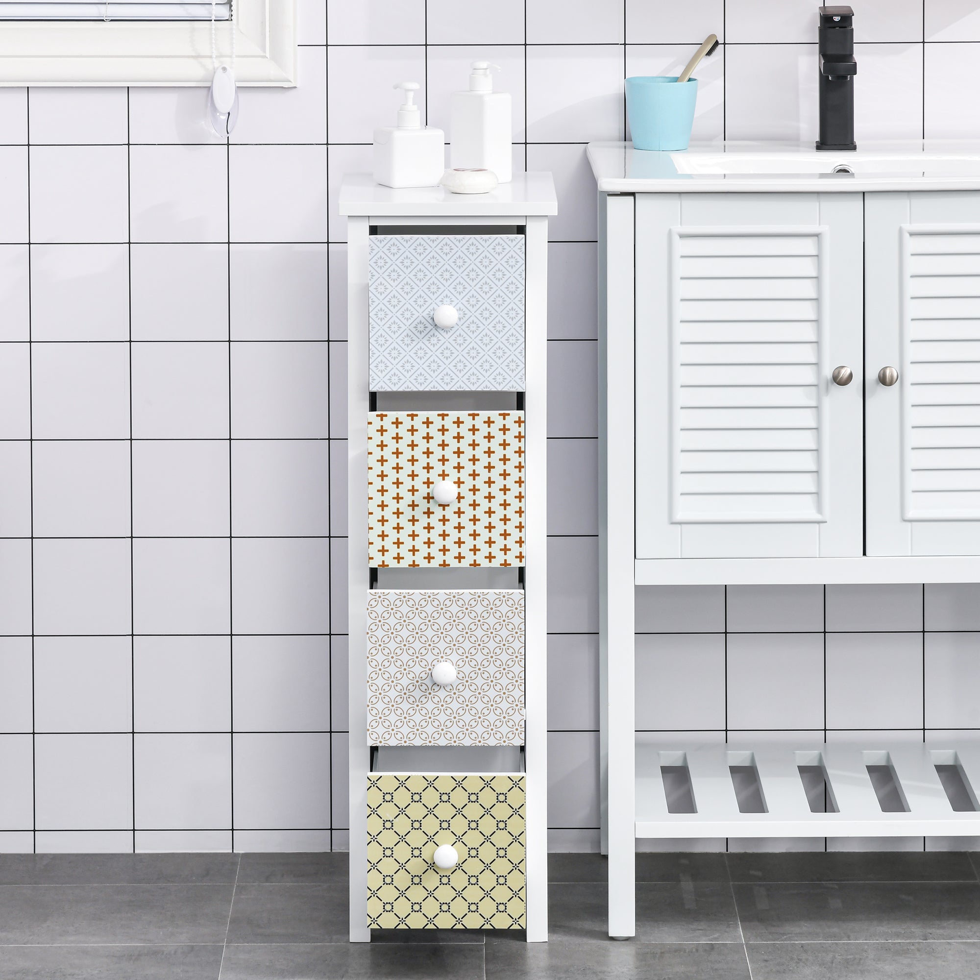 Homcom chest of drawers white wooden storage unit with 4 patterned drawers and anti-tipping straps for bedroom bathroom