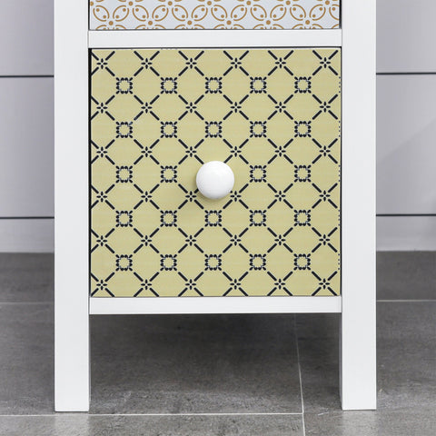 Homcom white framed chest of drawers with pale yellow drawer and black pattern featuring anti tipping straps for safety