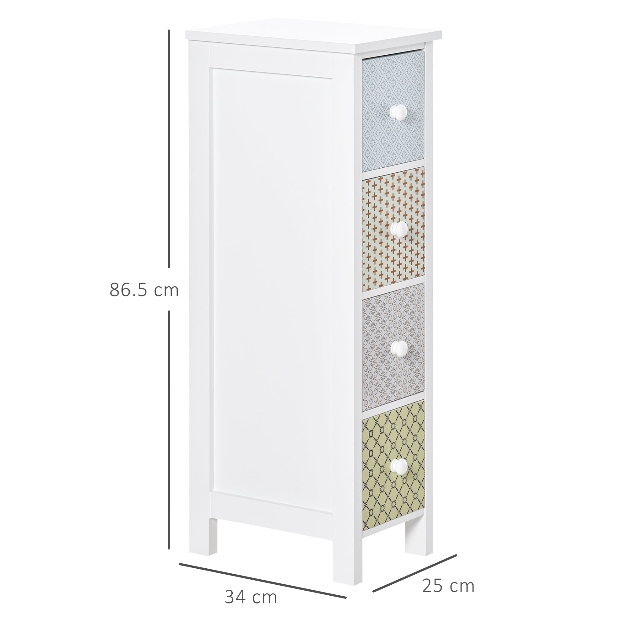 White HOMCOM tall cabinet with 4 patterned drawers in blue beige gray and green tones with anti-tipping straps for safety