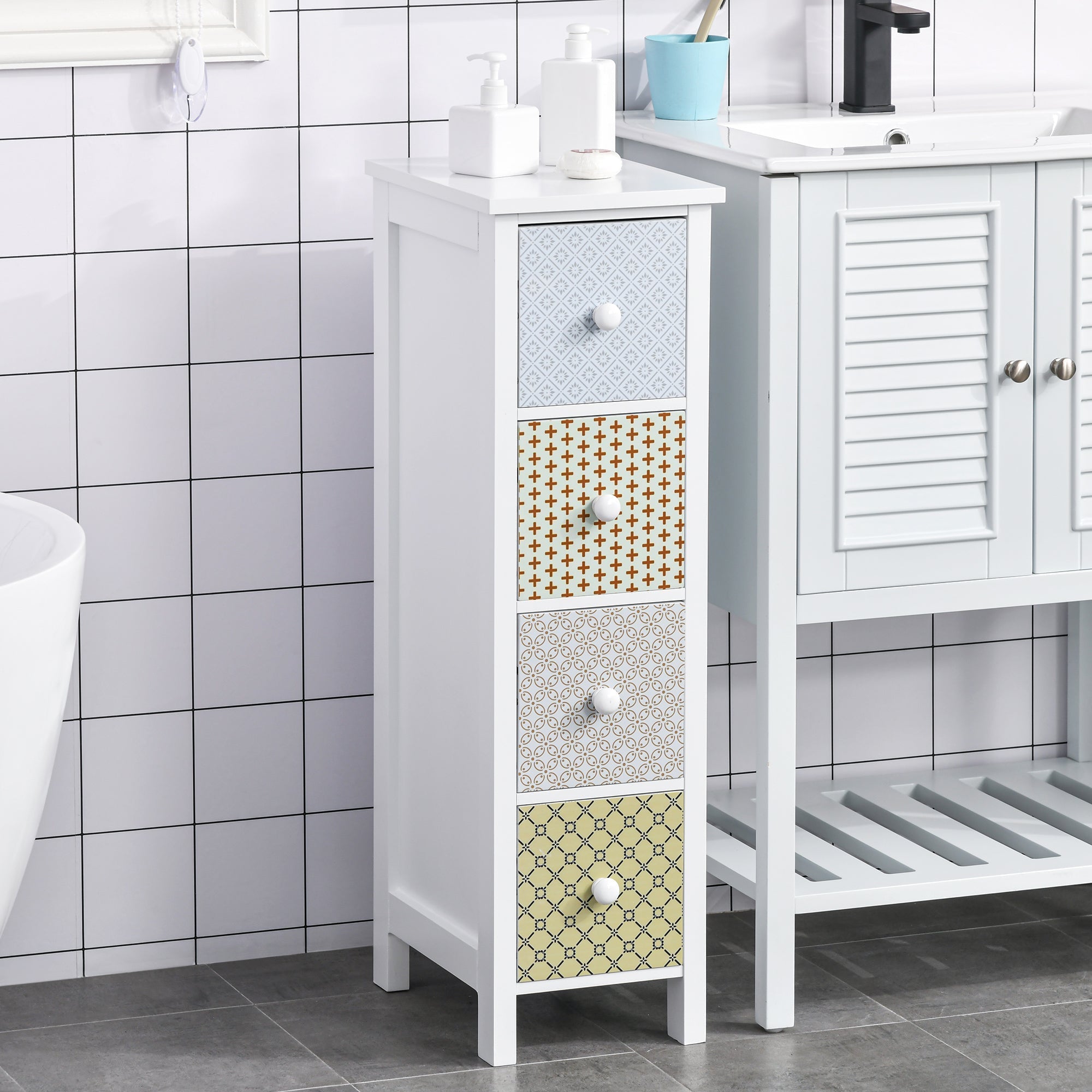 White narrow bathroom cabinet with four patterned drawers in blue beige gray green by homcom with anti-tipping straps