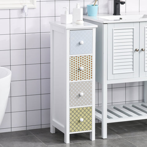 White narrow bathroom cabinet with four patterned drawers in blue beige gray green by homcom with anti-tipping straps
