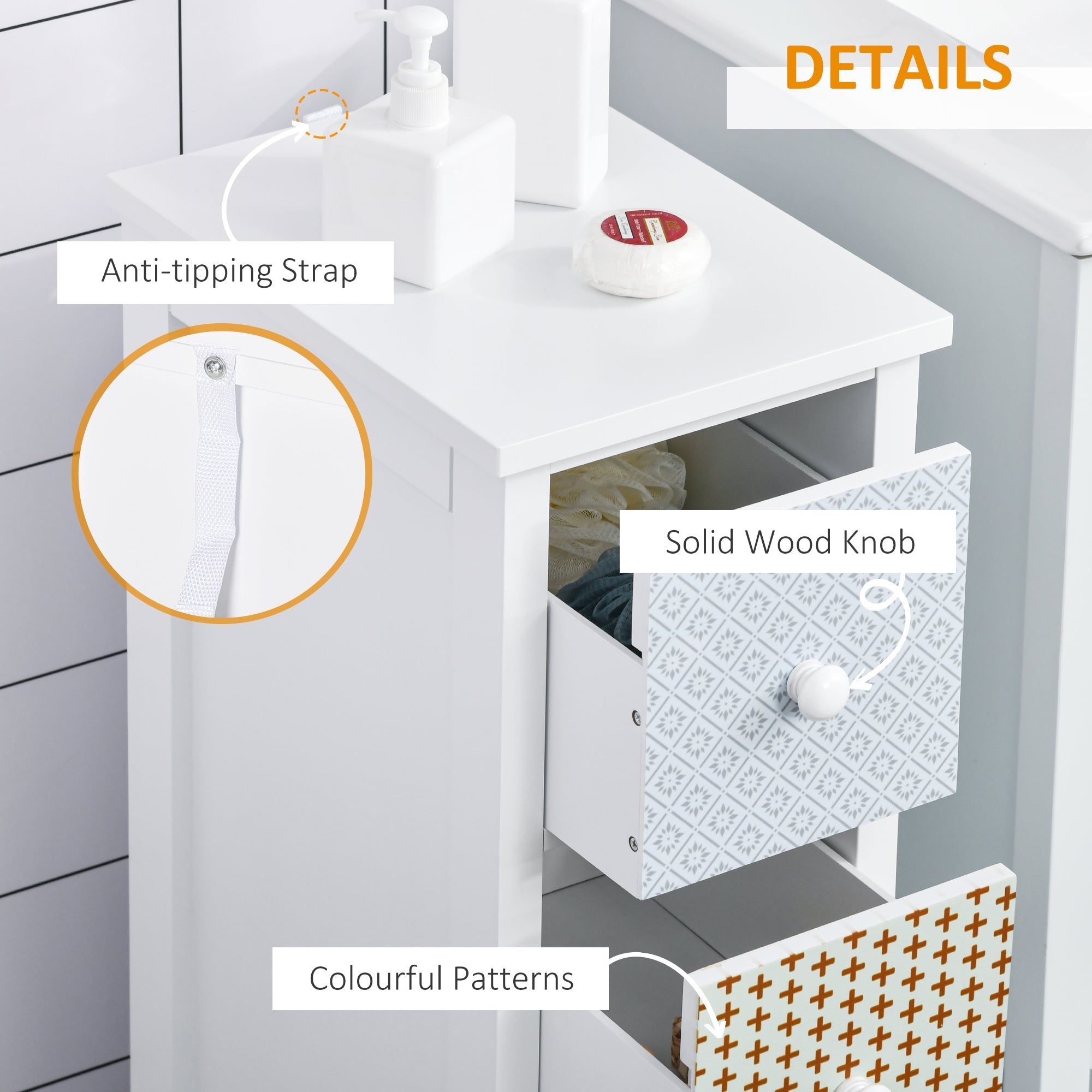 White wooden HOMCOM chest of drawers with patterned drawer front and knob includes anti-tipping straps for safety
