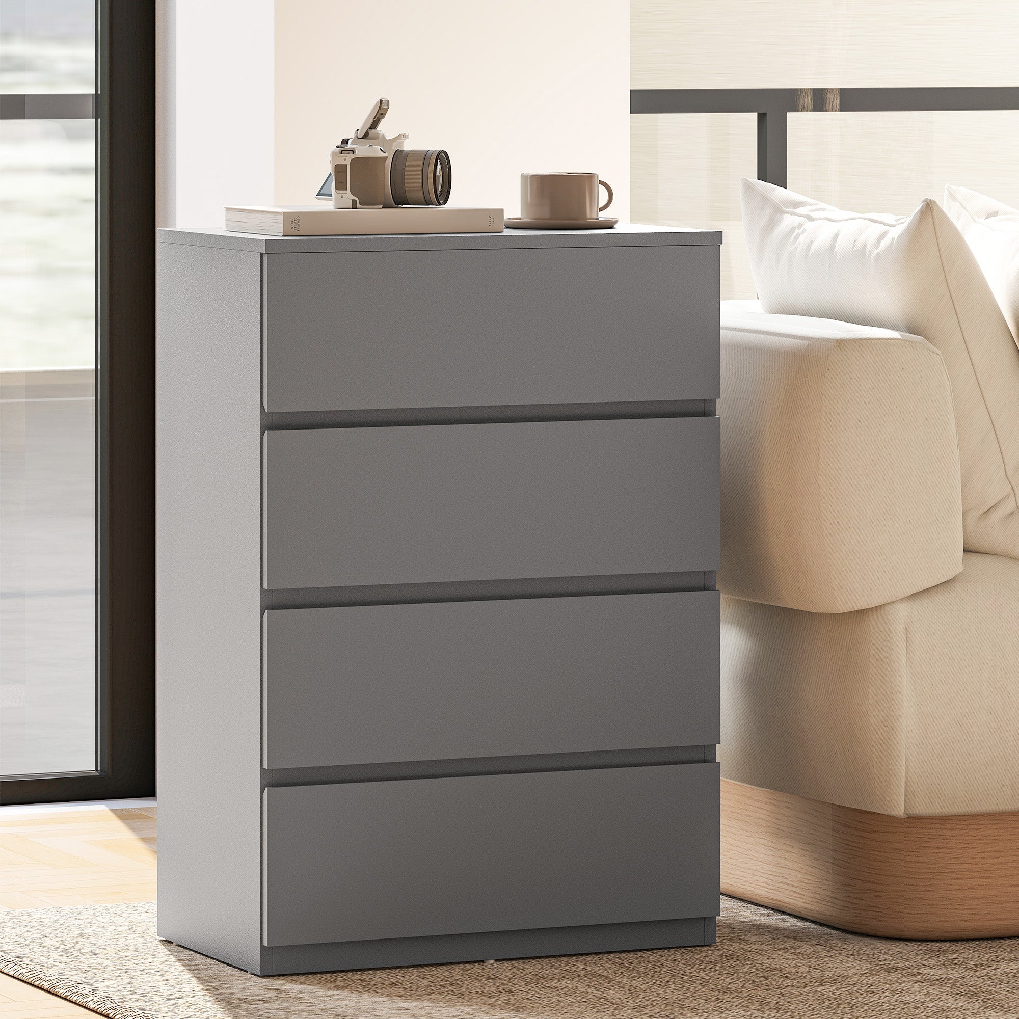 Gray homcom chest minimalist dresser with four drawers and handle-less design for modern bedroom storage