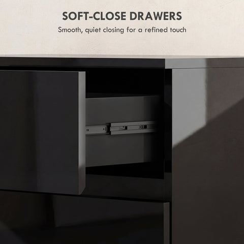 Homcom chest with four drawers in black glossy finish featuring soft-close drawers and sleek metal hardware