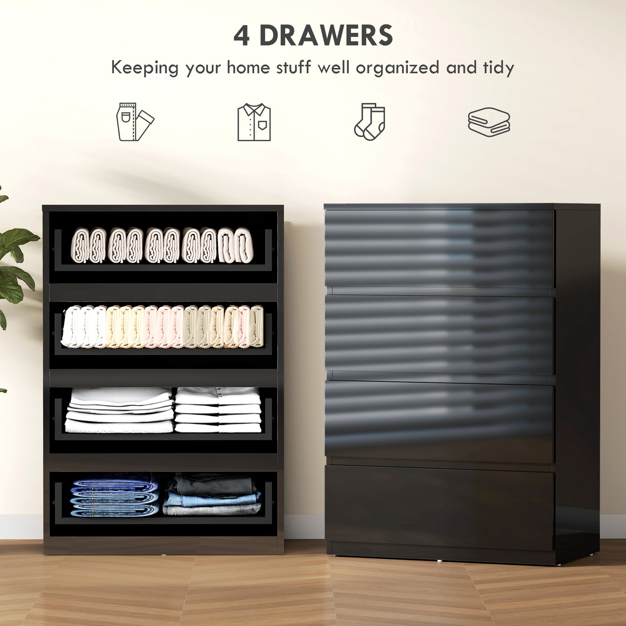 Black glossy homcom chest with four drawers and handle-less design perfect for modern bedroom storage