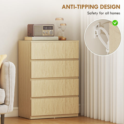 Homcom chest of drawers with four drawers light wood finish handle-less design and anti-tipping safety for bedroom