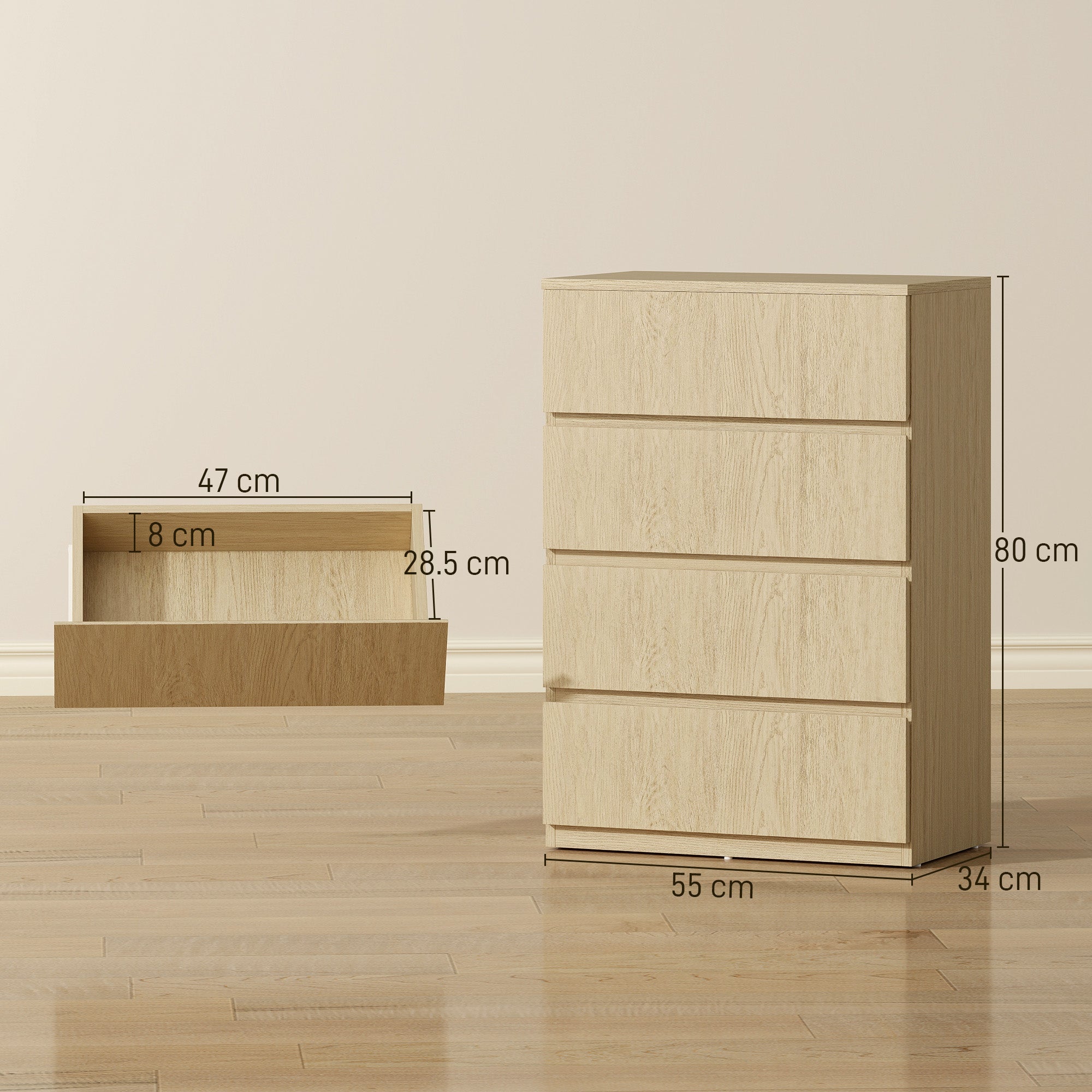 Beige wood-grain homcom chest with four drawers and handle-less design perfect for modern bedroom storage