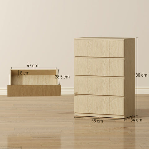 Beige wood-grain homcom chest with four drawers and handle-less design perfect for modern bedroom storage