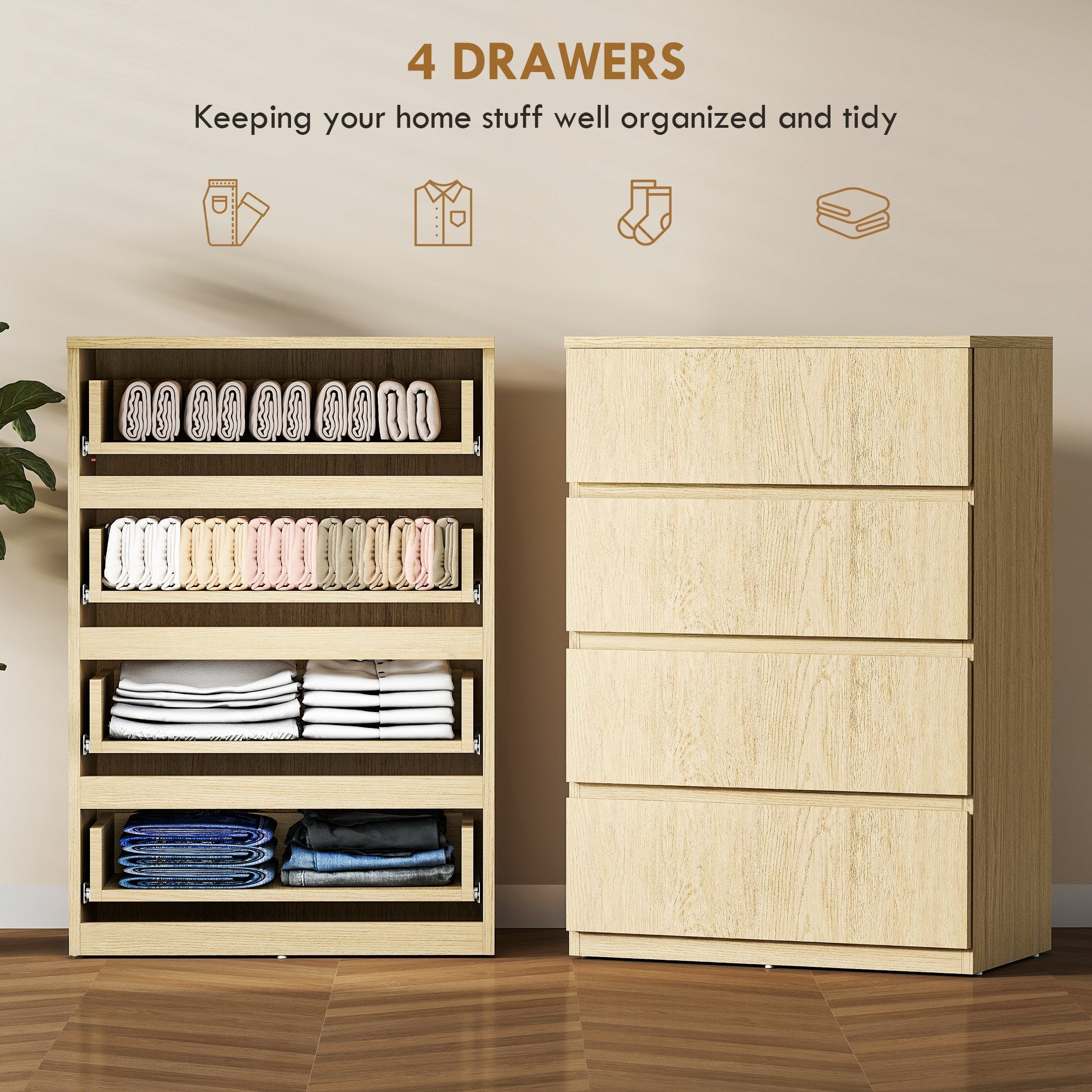 Light wood finish homcom chest with four drawers made of particle board for modern bedroom storage