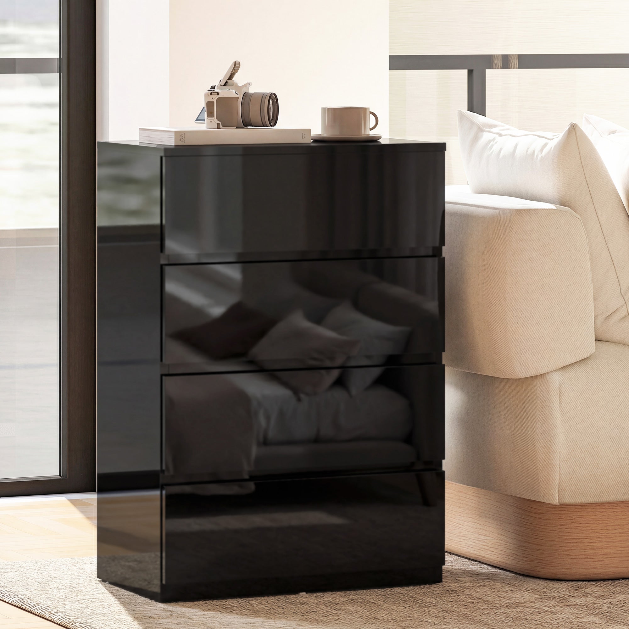 Homcom chest with four drawers black glossy finish nightstand featuring a modern handle-less design for bedroom storage