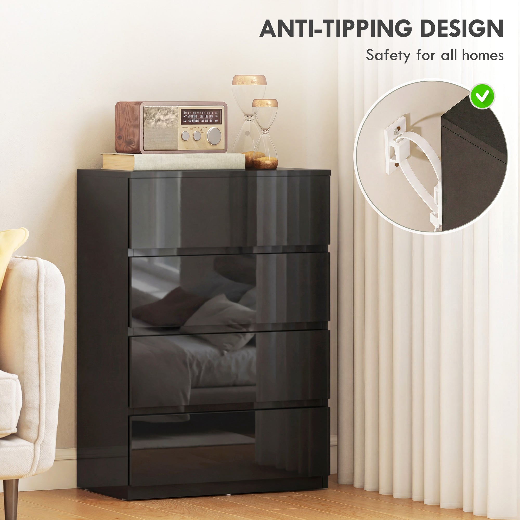 Homcom chest of drawers with black glossy finish four drawers particle board and anti-tipping design for bedroom storage